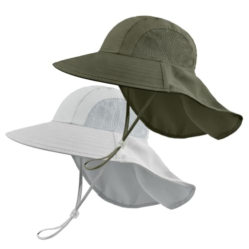 ZOORON 2-Pack Kids Sun Hat with Neck Flap, Bucket Hat for Girls Boys - color: Dark Green+light Grey