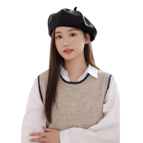 Women Classic PU Leather French Beret Beanie Hat Pumpkin Cap - color: Black B#