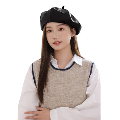 Women Classic PU Leather French Beret Beanie Hat Pumpkin Cap - color: Black B#