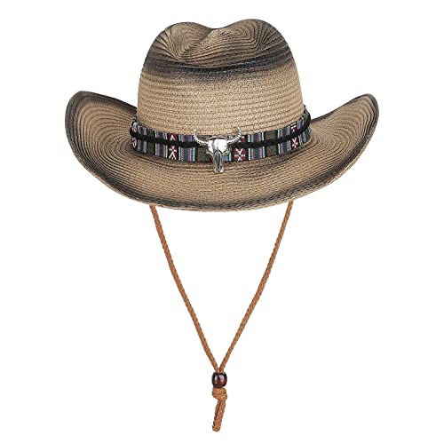 Straw Cowboy Sun Hat for Men Women Summer Fedora Beach Panama Western Cap - color: Brown