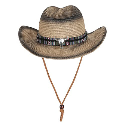 Straw Cowboy Sun Hat for Men Women Summer Fedora Beach Panama Western Cap - color: Brown