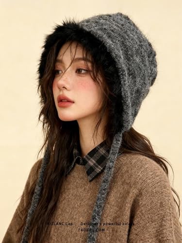 Women Winter Fleece Beanies Hat with Ear Flaps Soft Warm Crochet Skull Cap - color: B Grey