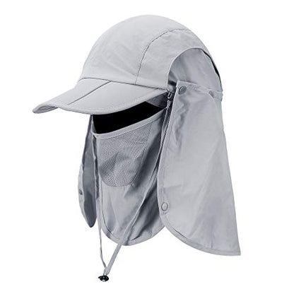CRISTGEE Foldable Sun Cap, Fishing Hats, UPF 50+ Protection Caps with Face Mask Neck Flap - color: Light Gray
