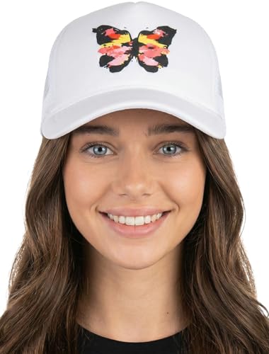 Funky Junque Premium Mesh Snapback Trucker Hat - Stylish Comfort for All - Patriotic, Humor & More - color: Butterfly - White