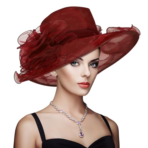 Derby Hats for Women 2025 Equestrian Derby Tea Party Fascinators Wide Brim - color: Wine Red