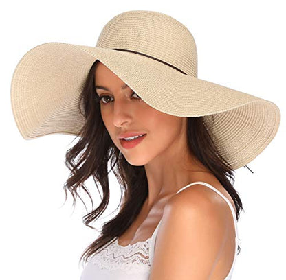 Lanzom Womens Wide Brim Straw Hat Big Floppy Foldable Roll up Cap Beach Sun Hat UPF 50+ - color: Beige