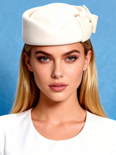 HIMESPORT Wool Felt Bowler Fascinators Hats for Women Ladies Female Elegant Wedding Tea Party Beret Hat with Bowknot - color: White