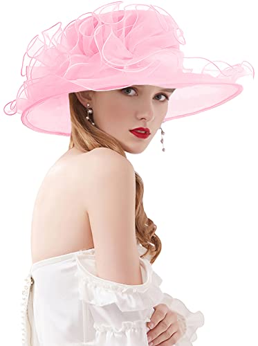 Women's Kentucky Derby Church Dress Hat Wide Brim Leaf Flower Bridal Shower Hat - color: G5 Pink