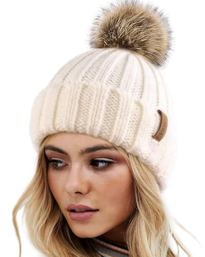 FURTALK Womens Winter Knitted Beanie Hat with Faux Fur Pom Warm Knit Skull Cap Beanie for Women - color: Beige