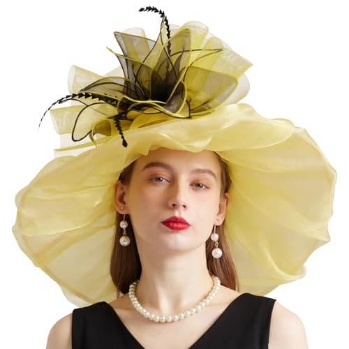 Women Organza Church Derby Hat Wide Brim Sun Caps for Wedding Tea Party Hat with Detachable hat Flower as Headgear - color: 10-yellow