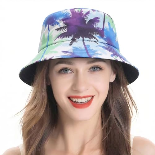 ZLYC Printed Bucket Hat for Women Men Packable Summer Sun Hat for Beach - color: Palm Tree Print