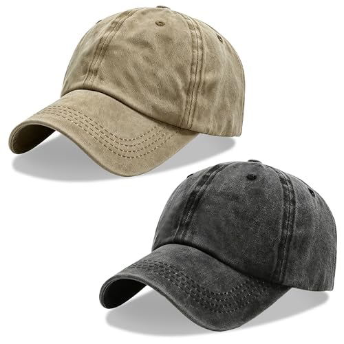 2Pack Vintage Washed Cotton Baseball Caps, Adjustable Low Profile Dad Hat, Unconstructed Distressed Plain Cap for Men Women - color: Black+khaki