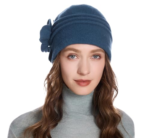 ZLYC Women Wool Cloche Bucket Hat 1920s Vintage Winter Hat with Flower - color: Flower Peacock Blue