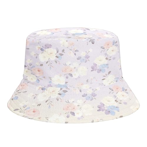 Lavender Floral Print Reversible Wide Brim Bucket Hat for Women