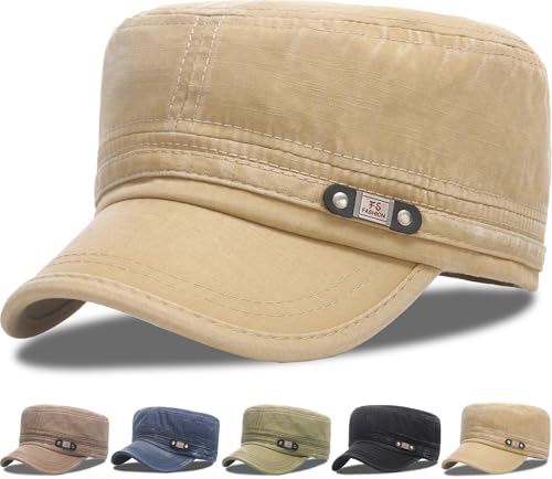 Initlove Cadet Caps for Men Washed Cotton Military Army Cap Flat Top Hat for Women - color: Beige