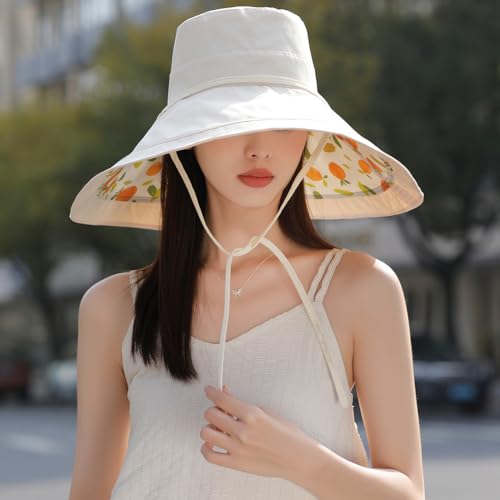 6" Extra Wide Brim Sun Hats UPF 50+ UV Protection Packable Beach Hat Strap Women - color: R-beige