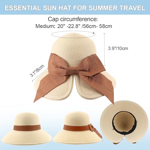 DRESHOW Sun Hats for Women Travel Fedora Foldable Beach Sun Hat Summer Wide Brim Straw Bucket Hat with Bowknot UPF 50+ - color: 1 Pack Bowknot Straw Hat: Beige With Brown Band