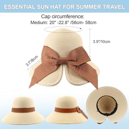 DRESHOW Sun Hats for Women Travel Fedora Foldable Beach Sun Hat Summer Wide Brim Straw Bucket Hat with Bowknot UPF 50+ - color: 1 Pack Bowknot Straw Hat: Beige With Brown Band