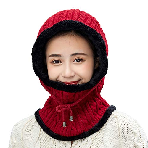 HUAMULAN Women Winter Knit Balaclava Fleece Lined Hooded Beanie Hats - color: Red, size: One Size