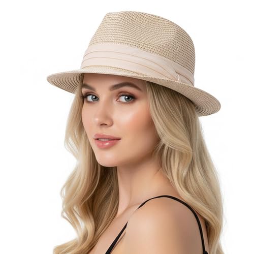 Straw Sun Hat for Men Women Short Brim Beach Trilby Hat UPF 50+ - color: Beige