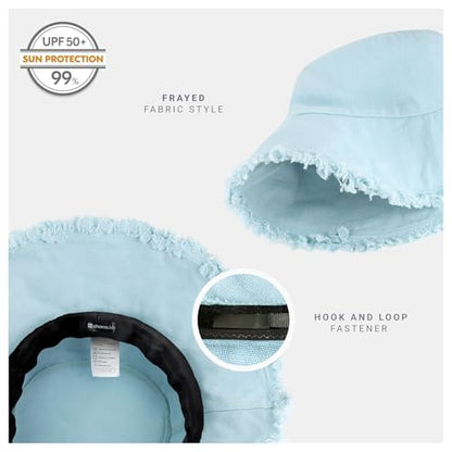 CHOK.LIDS Frayed Bucket Hat Washed Cotton Floppy Wide Brim Boonie Cap - color: Slate Blue