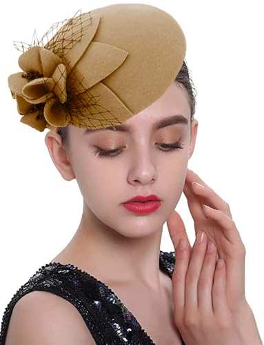 ORIDOOR British Style Pillbox Hat Women Church Wedding Winter Vintage Fascinator Beret 100% Wool Felt Hat with Veil - color: 03a Khaki