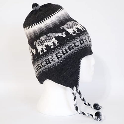Alpaca Wool Blend Winter Hat Chullo Inca Peruvian Design Reversible with Earflaps. Beanie Medium Size. Unisex - color: Black/Dark Gray