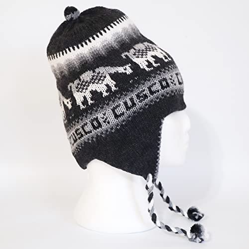 Alpaca Wool Blend Winter Hat Chullo Inca Peruvian Design Reversible with Earflaps. Beanie Medium Size. Unisex - color: Black/Dark Gray