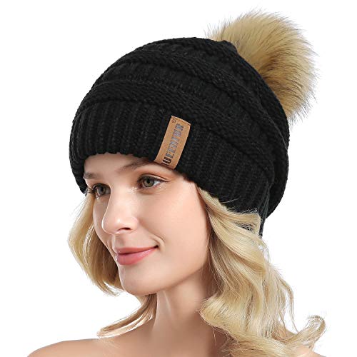 Women Knit Slouchy Beanie Chunky Baggy Hat with Faux Fur Pompom Winter Soft Warm Ski Cap - color: A2-black 2