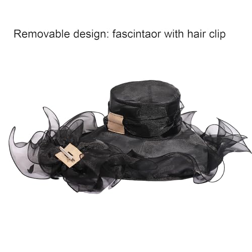 Women Oganza Sun Hat Church Wide Brim Wedding Formal Fascinator Hat - color: Black