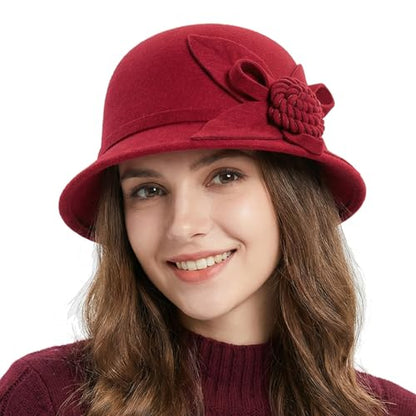 Woolen Cloche Hat for Women, Flower Winter Warm Bucket Cap - color: Wine Red