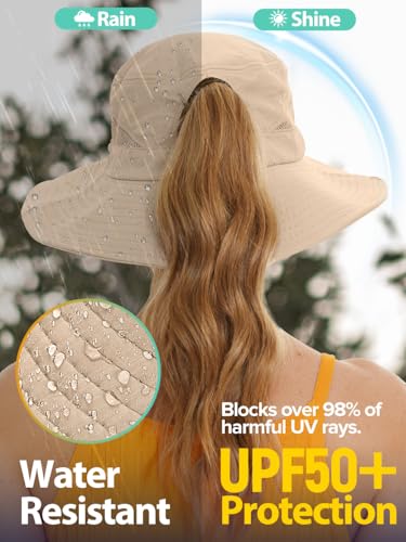 EW East Water Sun Beach Hat for Women, UPF50+ Waterproof with Ponytail Hole - color: Khaki