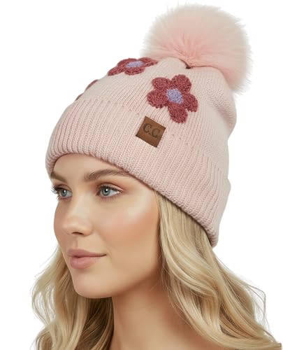 Funky Junque Beanie for Women Ultra Soft Chenille Faux Fur Pom Pom Winter Hats Warm Ski Cap Fashion - color: Daisy - Rose