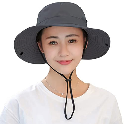 Muryobao Women's Ponytail Sun Hat UV Protection Foldable Mesh Wide Brim Beach Fishing Hat - color: Gray