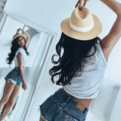 DRESHOW Women Straw Panama Hat Travel Fedora Beach Sun Hat Summer Wide Brim Straw Roll up Hats UPF 50+ - color: Fedora Hat: Beige (Beige Ribbon)