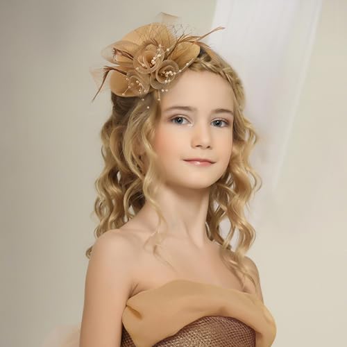 Zinniday Girls Tea Party Hats - Turmeric Mini Derby Fascinators with Hair Clip Veil 2026 Feather Kentucky Hat Yellow Small Victoria Fascinator for Little Girl Church Renaissance Masquerade Dress Up - color: Turmeric
