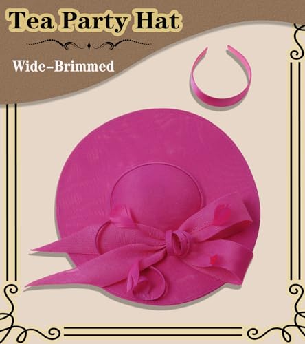 Kgromfy Fascinator Hat Women Wide Brim Tea Party Headband Elegant Church Hat Large Lady Headwear for Derby Wedding Cocktail - color: Rose Red