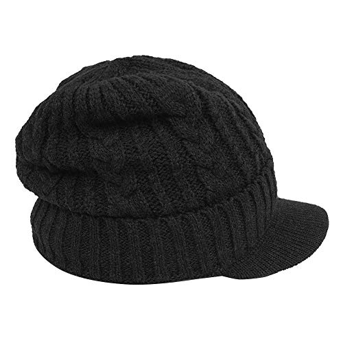 Original One Men Wool Blend Cable Knitted Visor Beanie Winter Knit Hat with Brim Fur Lined Ski Cap - color: Black
