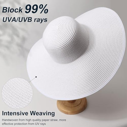 DRESHOW Big Straw Sun Hats for Women Floppy Foldable Roll up Beach Cap Sun Hat UPF 50+ Vacation Honeymoon Embroidered Hat - color: Medium Size: White / Brim 5.5" (Head Circumference 22-22.8")