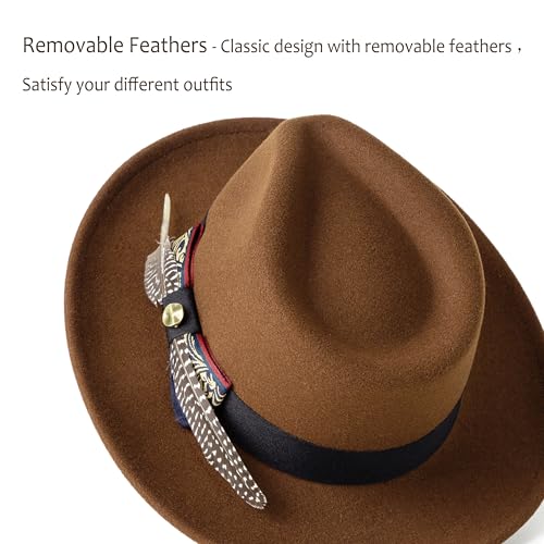 Classic Wide Brim Fedora Hats Wide Brim Felt Dress Hat for Men - color: Classic Light Coffee
