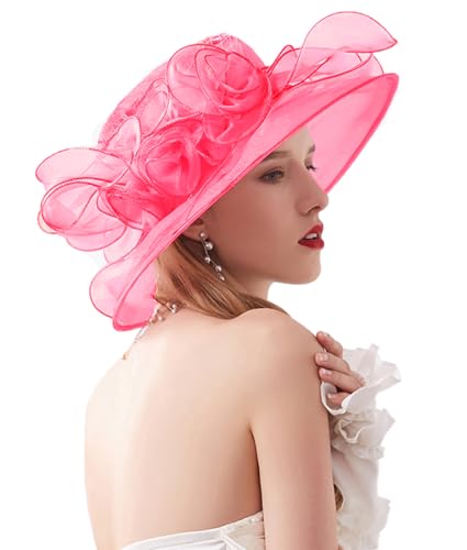 ORIDOOR Women’s Organza Church Tea Party Wedding Fascinator Derby Hat Wide Brim Sun Hats - color: D11-rose Red