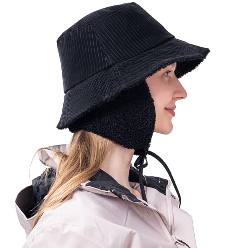 Winter Rain Bucket Hat,Fleece Lined Waterproof,Warm Women Ear Flaps - color: Black