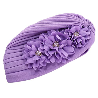 Flower Pre-Tied Turban Beanie, Soft Chemo Cap for Women Cancer Hair Loss - color: Light Purple