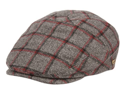Funky Junque Men's Classic Wool Blend Newsboy Tweed Flat Cap - Stylish Vintage Hat - color: Grey Plaid W/ Red & Black Check (Slim), size: 7 1/4-7 5/8