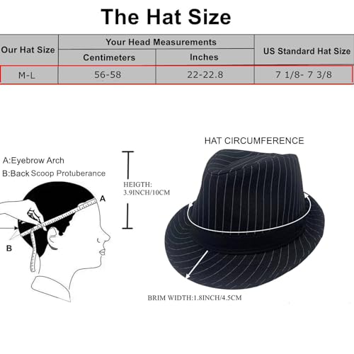 2 Pack 1920S Gangster Mob Boss Costume Pinstripe Fedora Hat Men Women - color: Black/White(size:m-l), size: Medium-Large