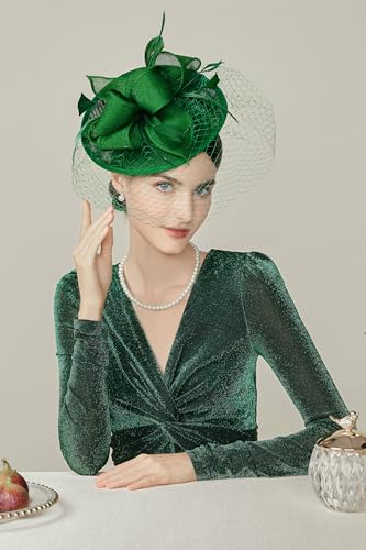 BABEYOND Fascinators Hats for Women Pillbox Kentucky Hat with Feather Veil - color: Green