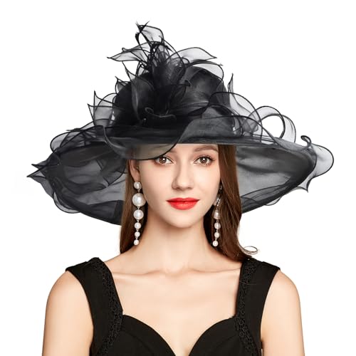 2026 Derby Hat, Classy Sun Hats for Women Ladies, Organza Feather Kentucky Fascinator for Tea Party Church UV Protection - color: S10-3700-black