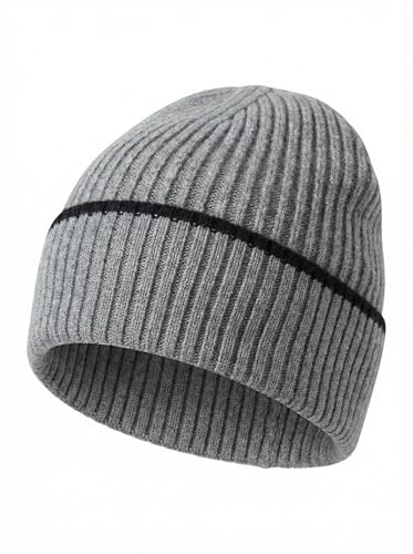 Beanie for Men Women Unisex Winter Hat Cuffed Thick Chunky Knitted Beanies Skull Cap - color: Gray With Black Cuff
