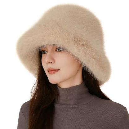 Women's Oversized Faux Fur Bucket Hat, Fluffy Plush Winter Hat, Solid Color - color: Light Khaki