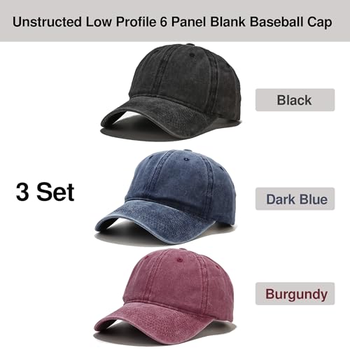 Baseball Cap 3 Pack, Vintage Distressed Cotton Dad Hats for Women Men - color: Black, Burgundy, Dark Blue